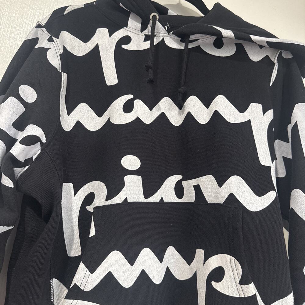 Champion Reverse Weave All Over Print AOP Hoodie Black White Pullover Size Small - Picture 3 of 12